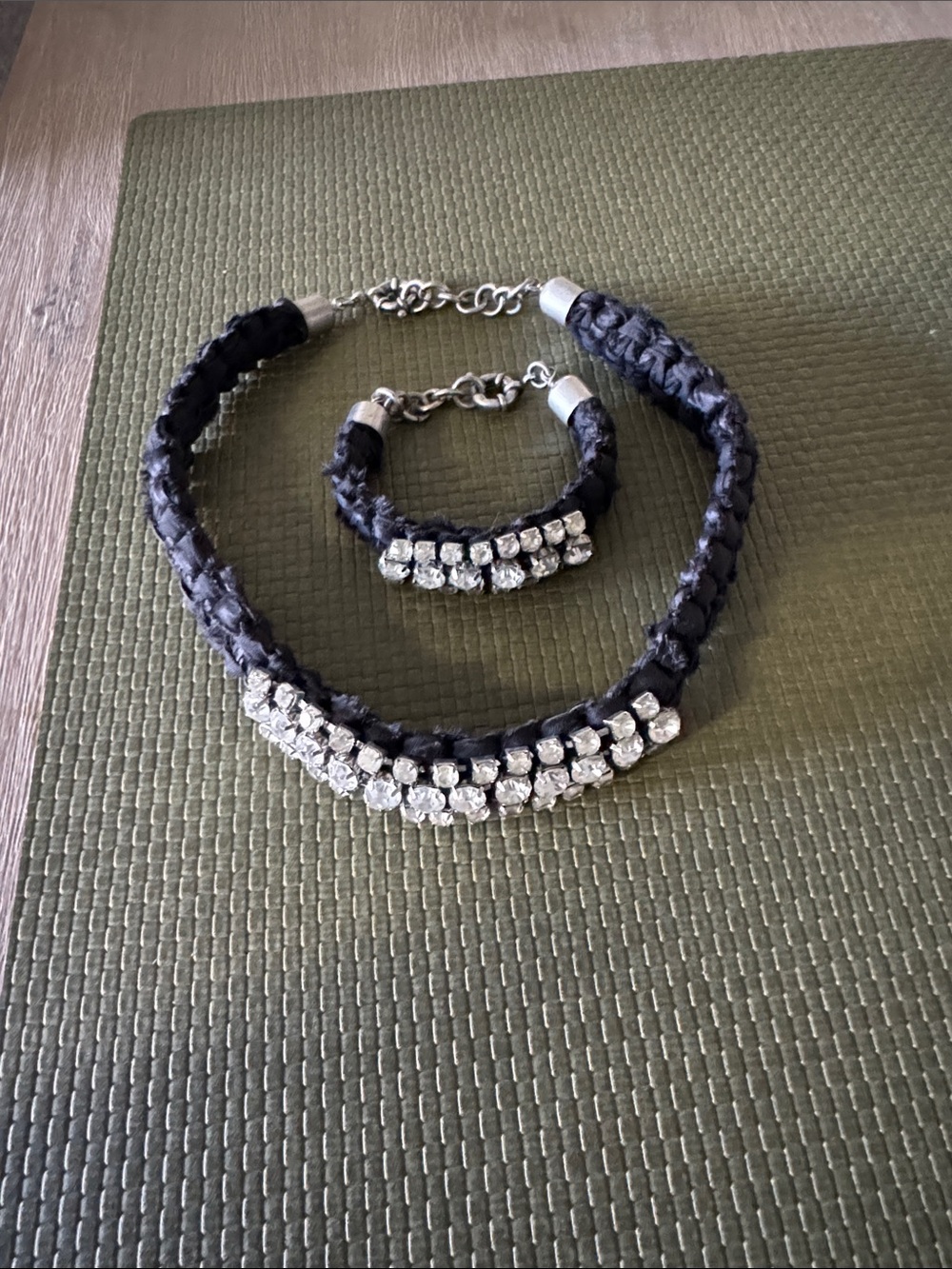 Rhinestone Braided Black Necklace & Bracelet Set